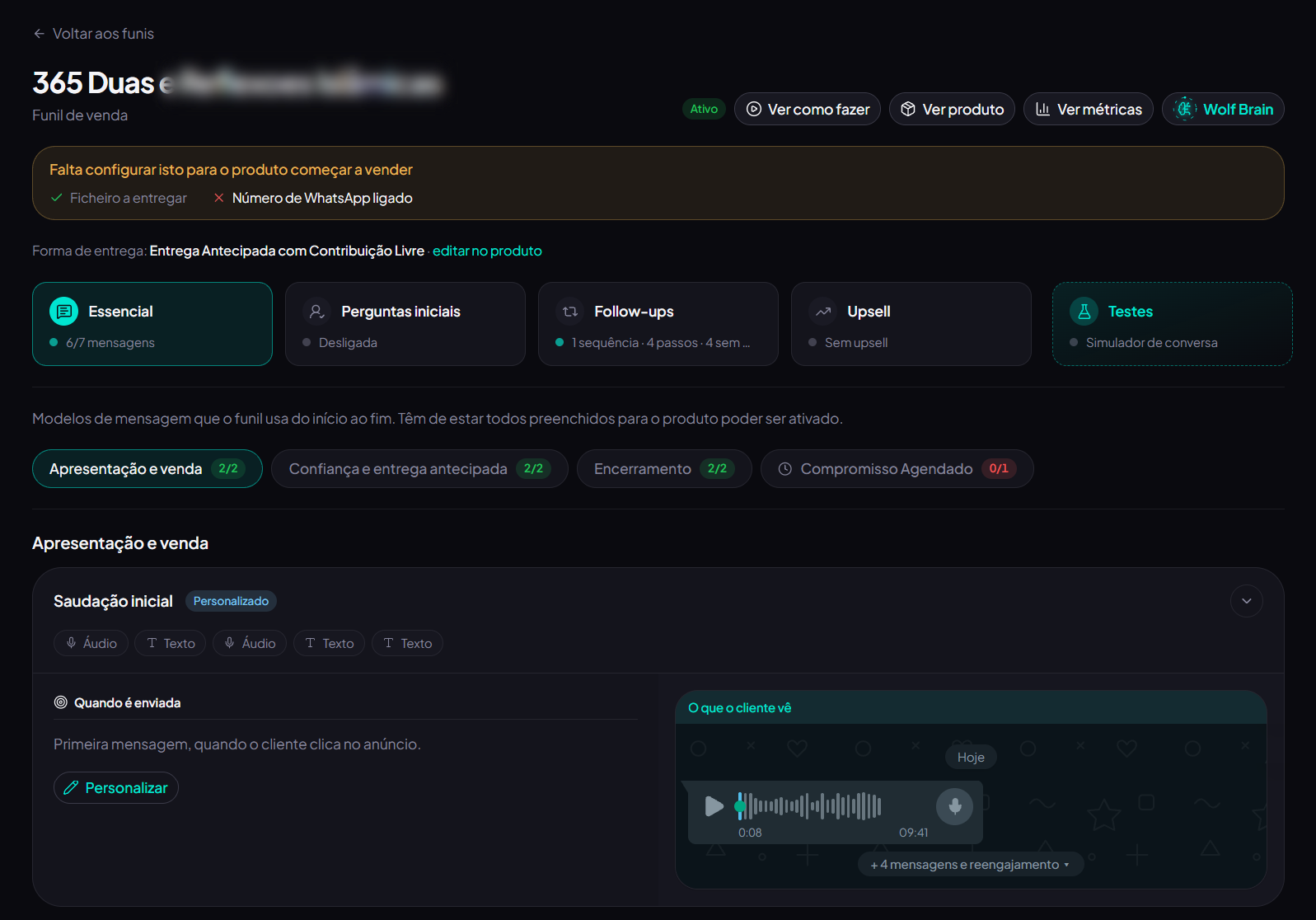 Editor de funil do The Wolf Seller: blocos Essencial, Perguntas iniciais, Follow-ups, Upsell e Testes, com modelos de mensagem e pré-visualização do que o cliente vê