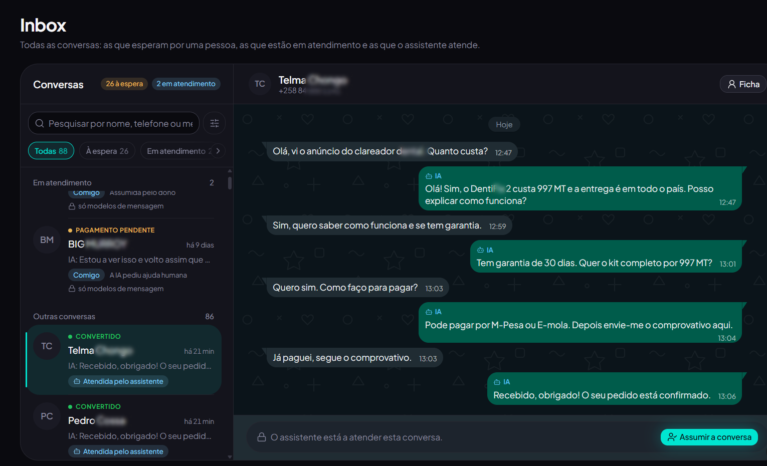 Inbox do The Wolf Seller: o agente IA responde ao preço, trata a garantia, indica M-Pesa ou E-mola, recebe o comprovativo e confirma o pedido